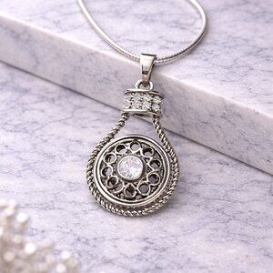 Roped Rhinestone Snap Pendant Necklace 18” Sterling Silver Chain Interchangeable